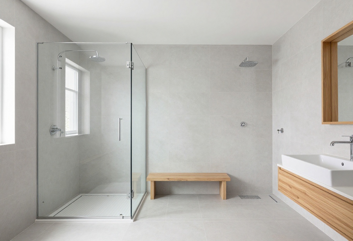 Spacious walk-in shower with frameless glass, bench, and rain shower head in a modern bathroom
