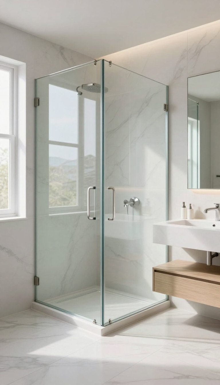 Bright bathroom with frameless glass shower enclosure and marble tile