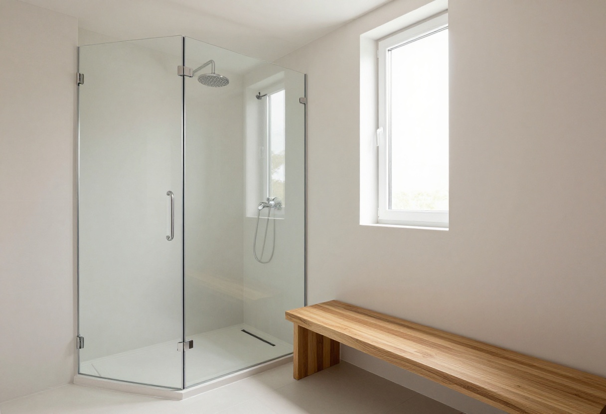 Modern bathroom shower with rainfall showerhead and teak bench