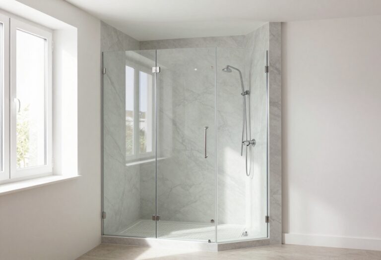 Modern bathroom with a large-format porcelain above-shower surround and glass shower door