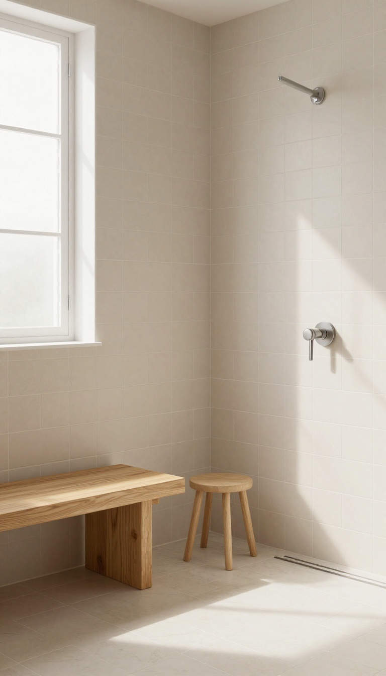 Beige tiled shower with teak wood bench and stool, creating a warm spa-like atmosphere.