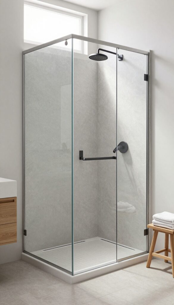 Modern bathroom shower with a subtly sloped tray and linear drain, bright and clean