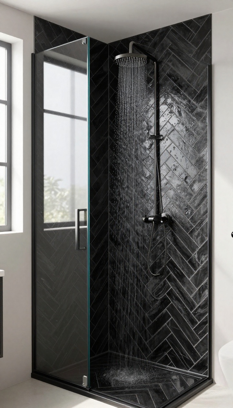Black herringbone tile pattern in a modern shower with dark grout and natural light
