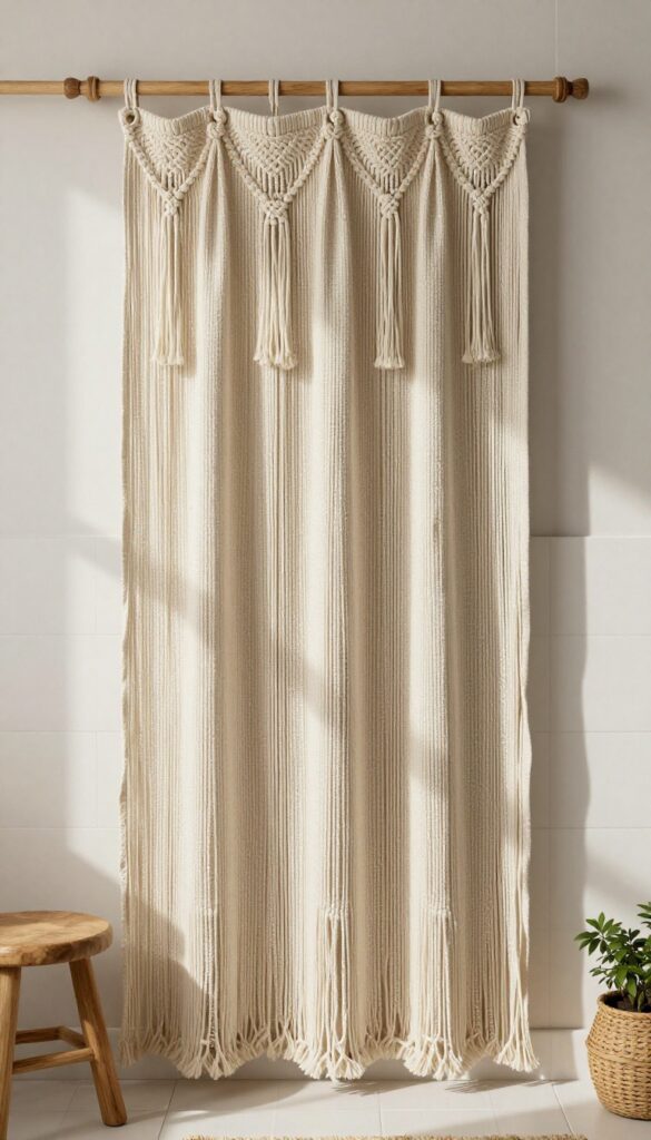 Macramé shower curtain in a rustic bathroom with natural light and wooden accents