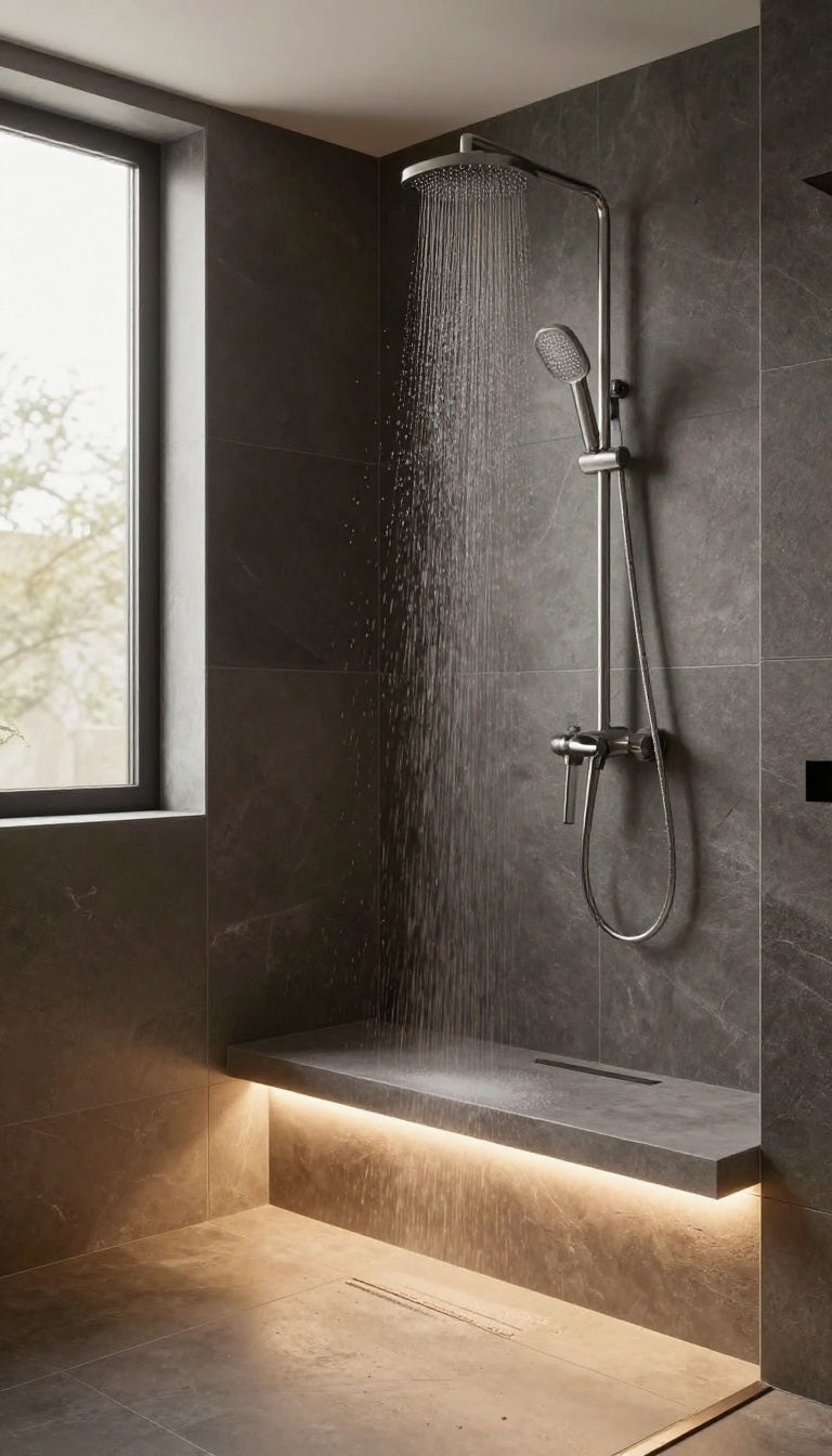 Modern walk-in shower with warm accent lighting under bench and niches