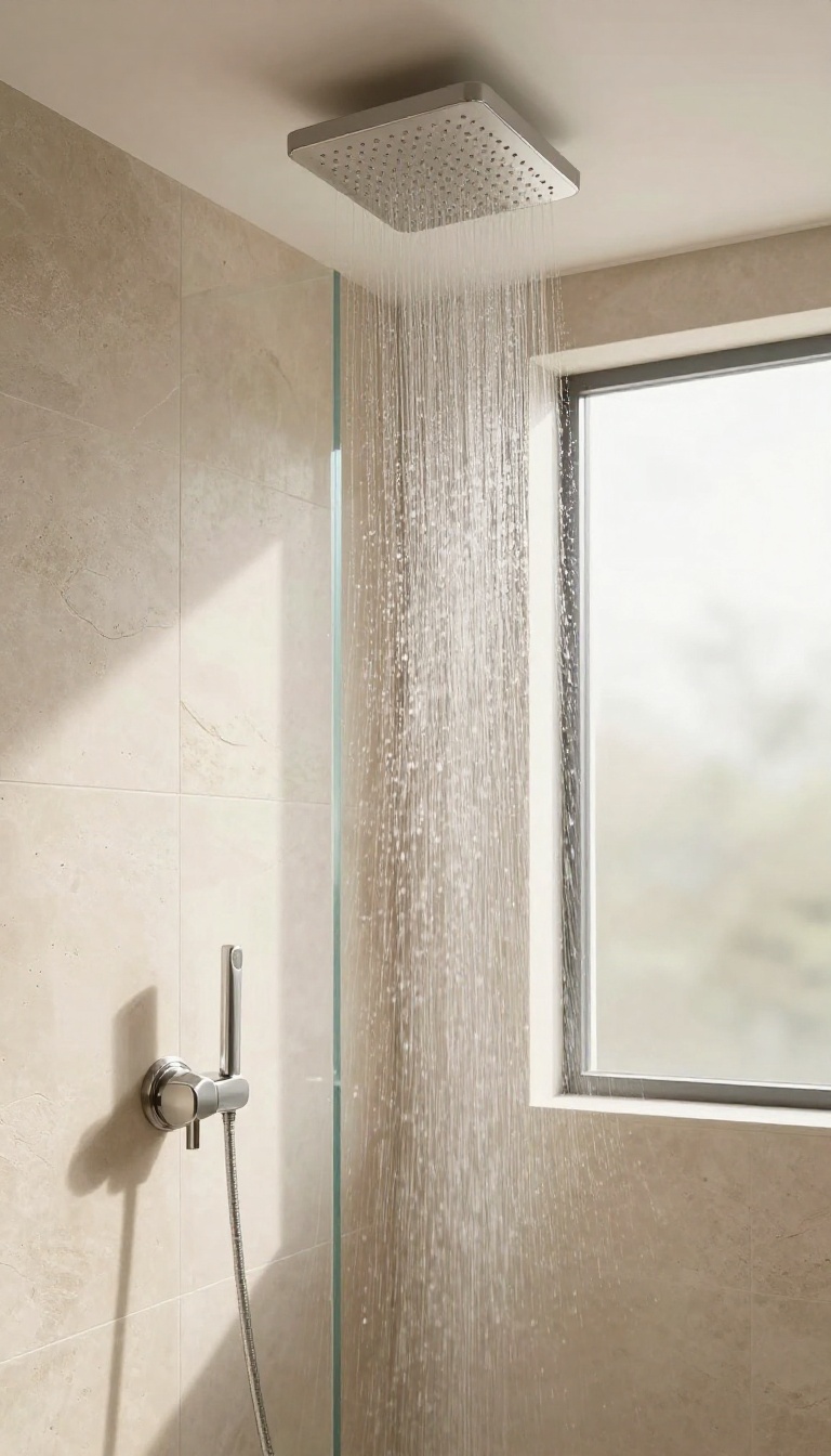 Modern bathroom with a ceiling-mounted rainfall shower head, water flowing down, natural stone tiles, and soft sunlight.