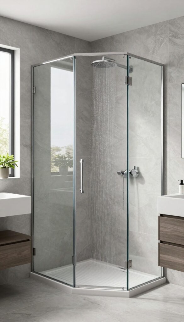 Modern bathroom with frameless glass shower enclosure, open and airy design