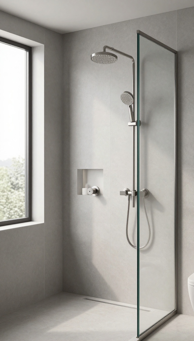Modern master bathroom shower with dual shower heads on opposite walls, large-format gray tiles, brushed nickel fixtures, and a glass enclosure, bright and clean.