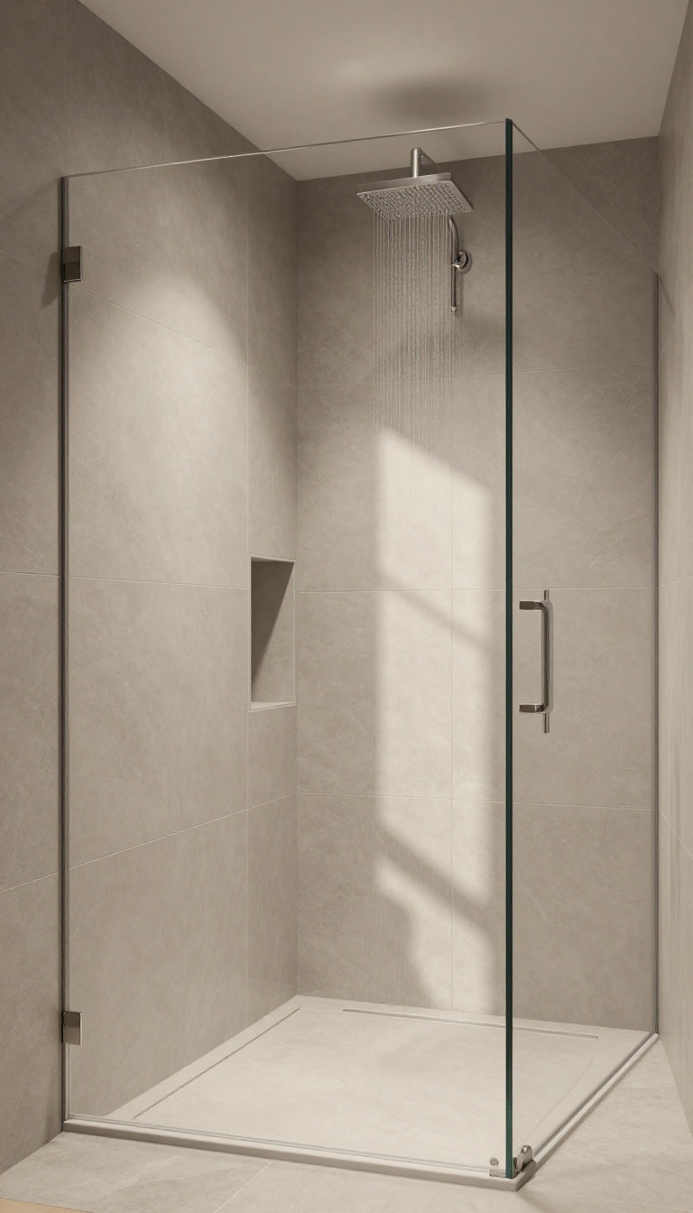 Walk-in shower with matching wall and floor tiles for a seamless look
