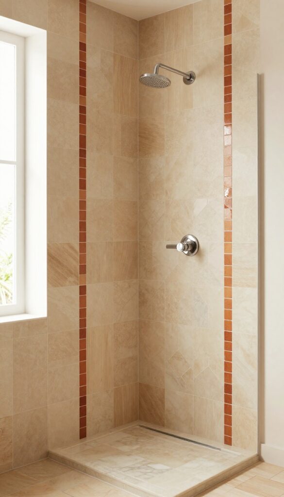 Modern shower with mixed materials in warm sand, terracotta, and cream tones, featuring large-format porcelain, zellige accent, and hexagonal marble niche.