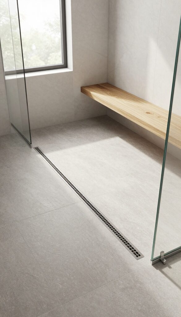 Modern curbless shower with a linear drain and large-format tiles in a bright, minimalist bathroom.