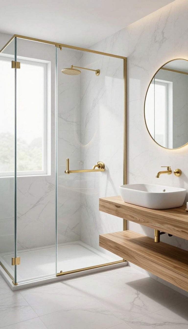 Bright modern bathroom with a brass-framed glass shower door, marble tiles, and a wooden vanity, showcasing warm metallic elegance.