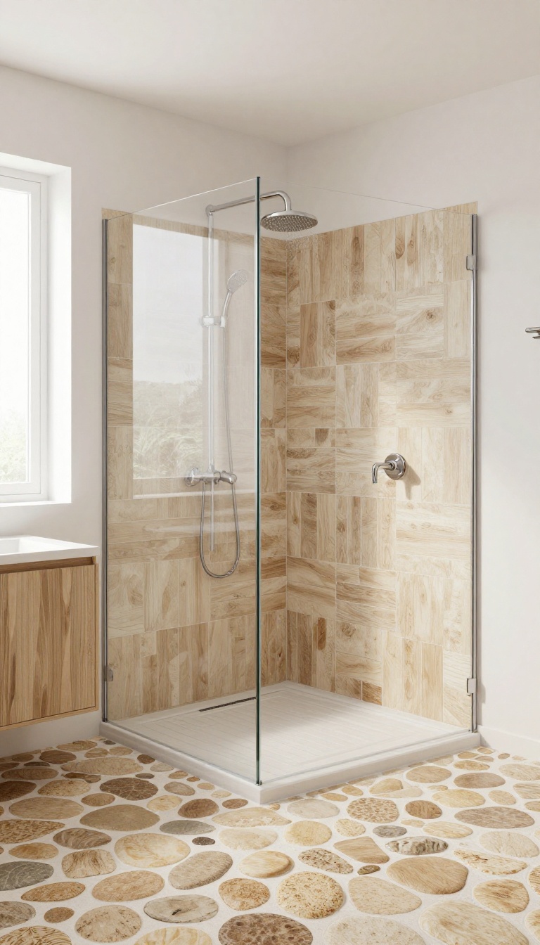 Pebble shower floor with wood-look tiles in a bright, rustic bathroom