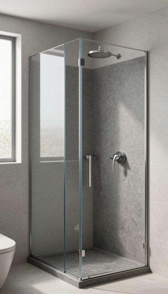 Modern bathroom with a charcoal stone resin shower tray, glass partition, and rainfall showerhead in natural light.