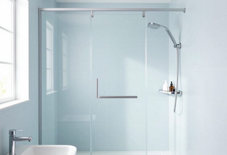 Small bathroom with shower-over-bath and sliding glass screen