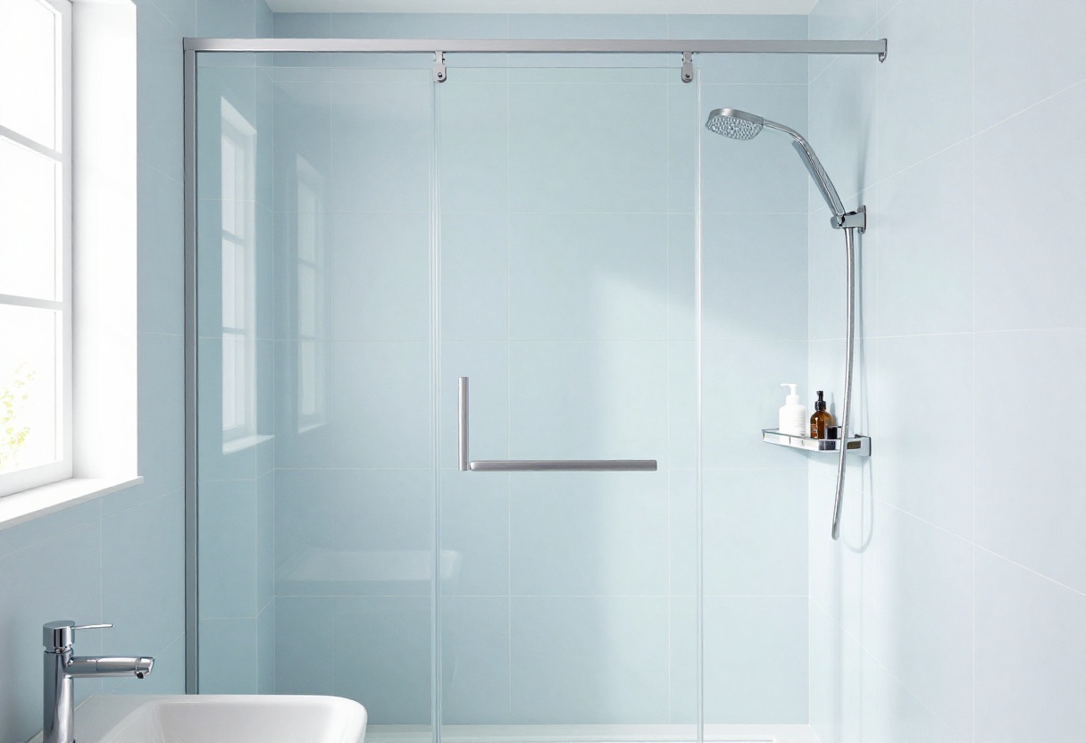 Small bathroom with shower-over-bath and sliding glass screen