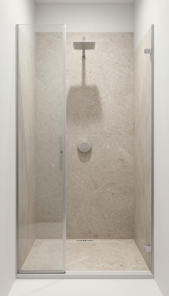Modern shower with pebble tile floor and smooth tiled seat in earthy tones