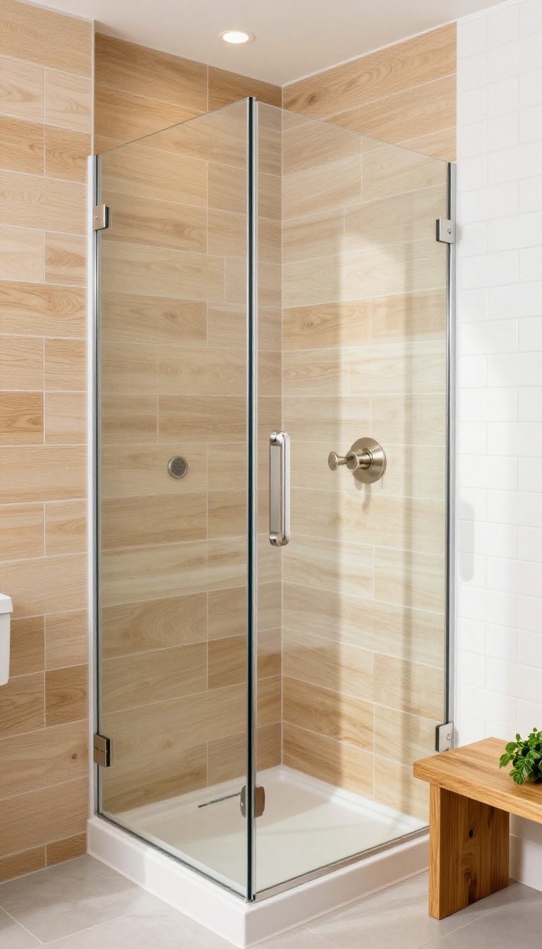Modern shower with wood-look tile half wall and white subway tile upper wall
