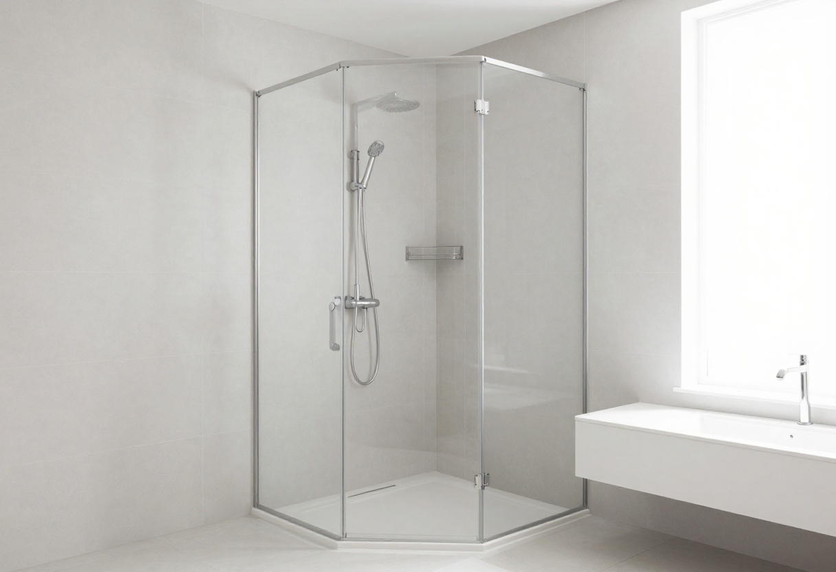Small shower room with walk-in shower and smart storage