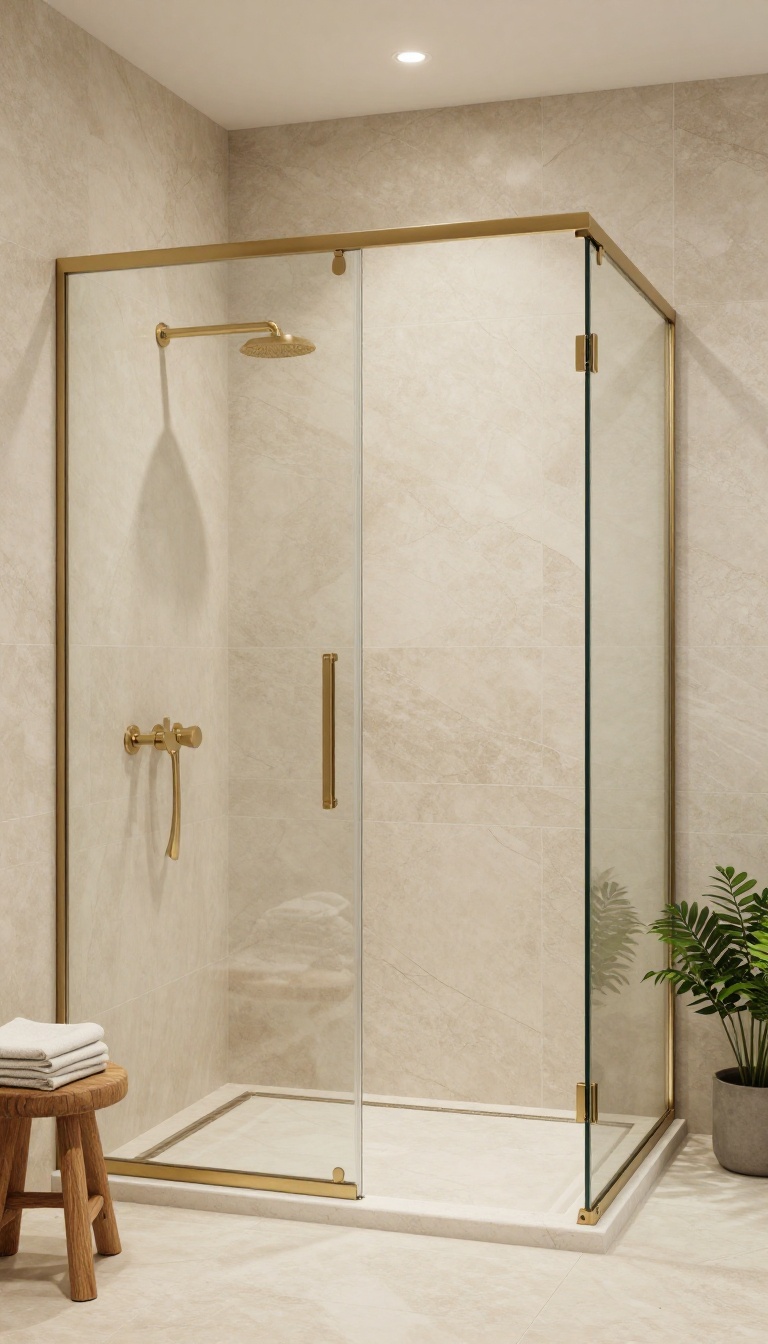 Beige marble-look tiles in a modern bathroom shower with brass fixtures and natural light