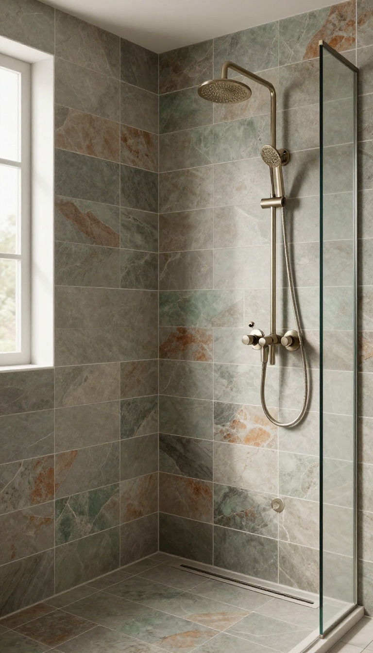 Honed slate tile shower with white grout and brushed nickel fixtures in a rustic bathroom