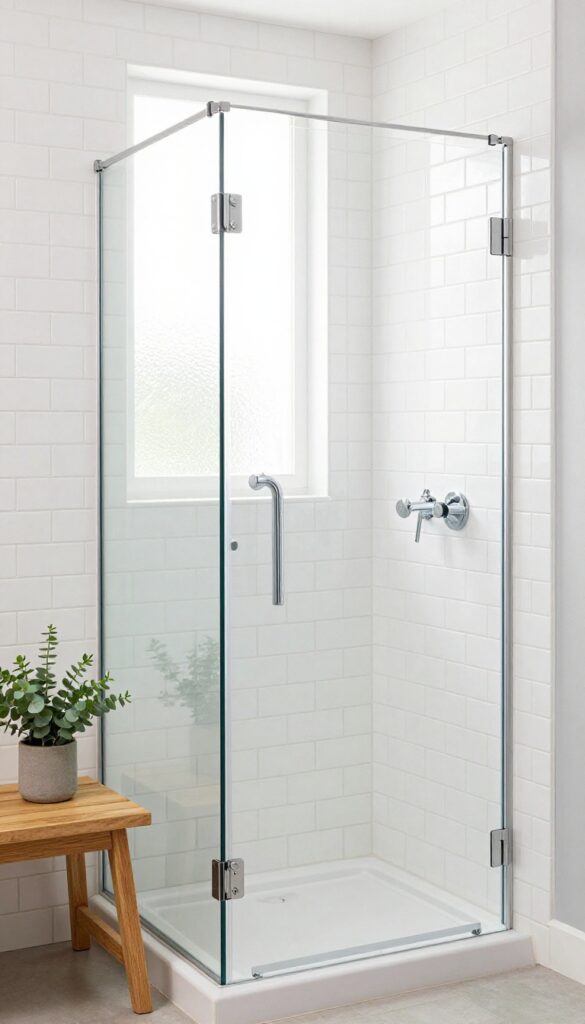Bright walk-in shower with classic white subway tile, chrome fixtures, and a teak bench