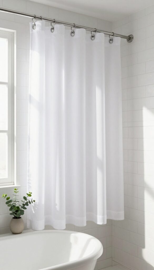 Layered sheer white shower curtains hung with clip-on rings in a bright bathroom