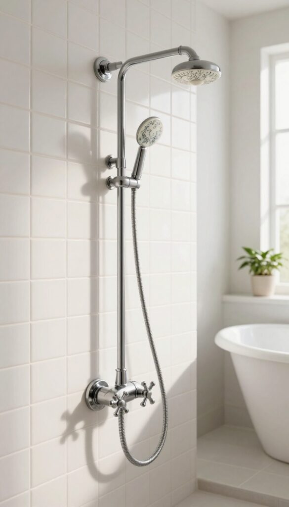 Vintage cross-handle shower faucet with porcelain accents in a bright, classic bathroom setting