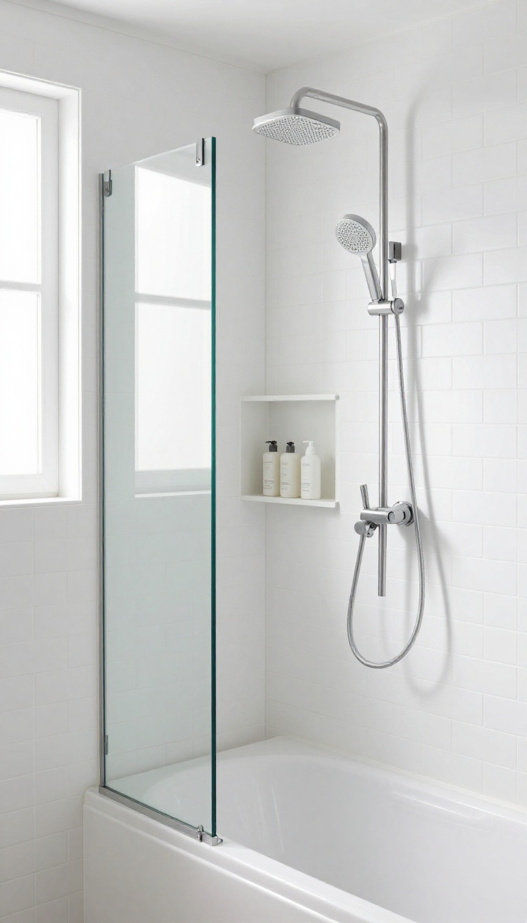 Small bathroom with a shower-bath combo, curved glass screen, and bright natural light