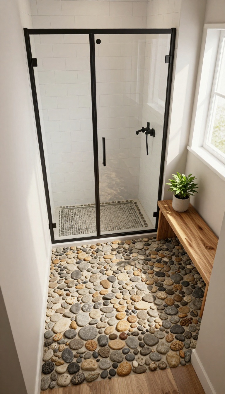 Farmhouse walk-in shower with pebble stone floor and white subway tile walls
