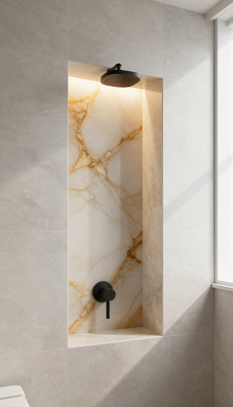 Modern shower with illuminated onyx niche backsplash