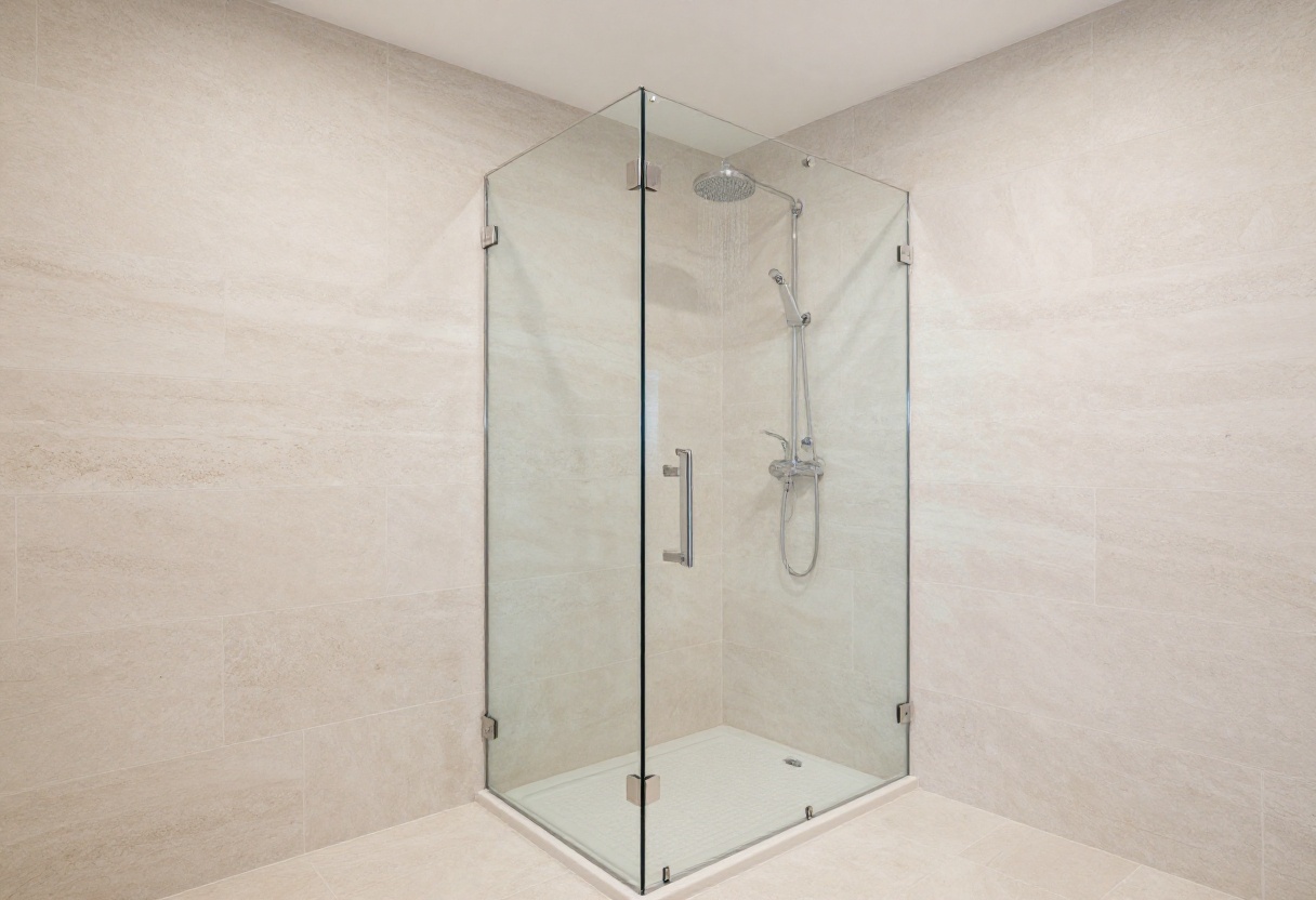 Modern walk-in shower with frameless glass and rainfall showerhead