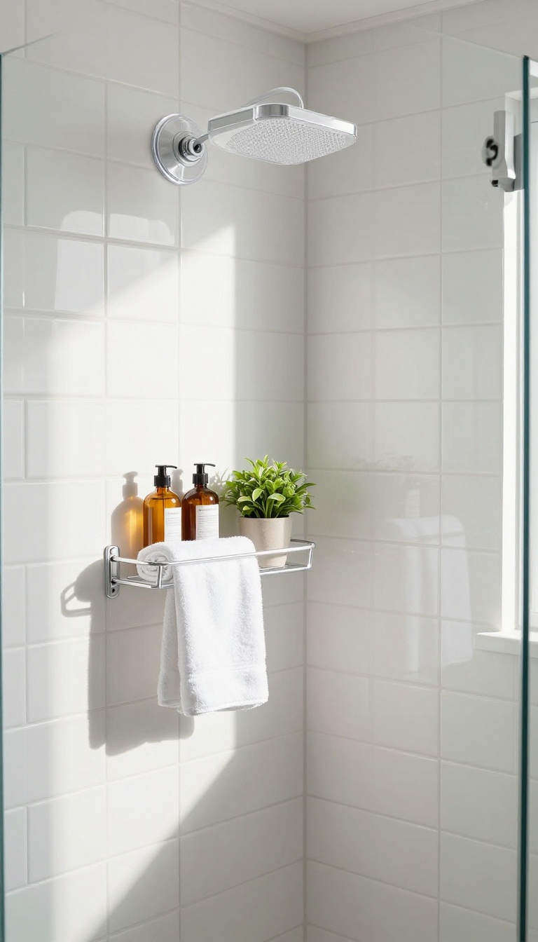 Modern shower with clear acrylic suction cup organizers holding towels and toiletries