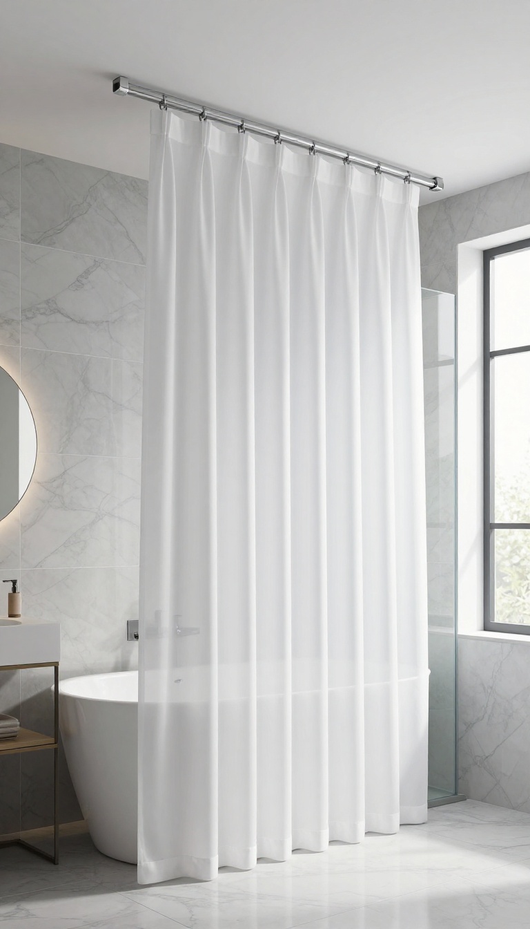 Modern bathroom with a ceiling-mounted track and floor-to-ceiling white shower curtain, creating a sleek and seamless look.