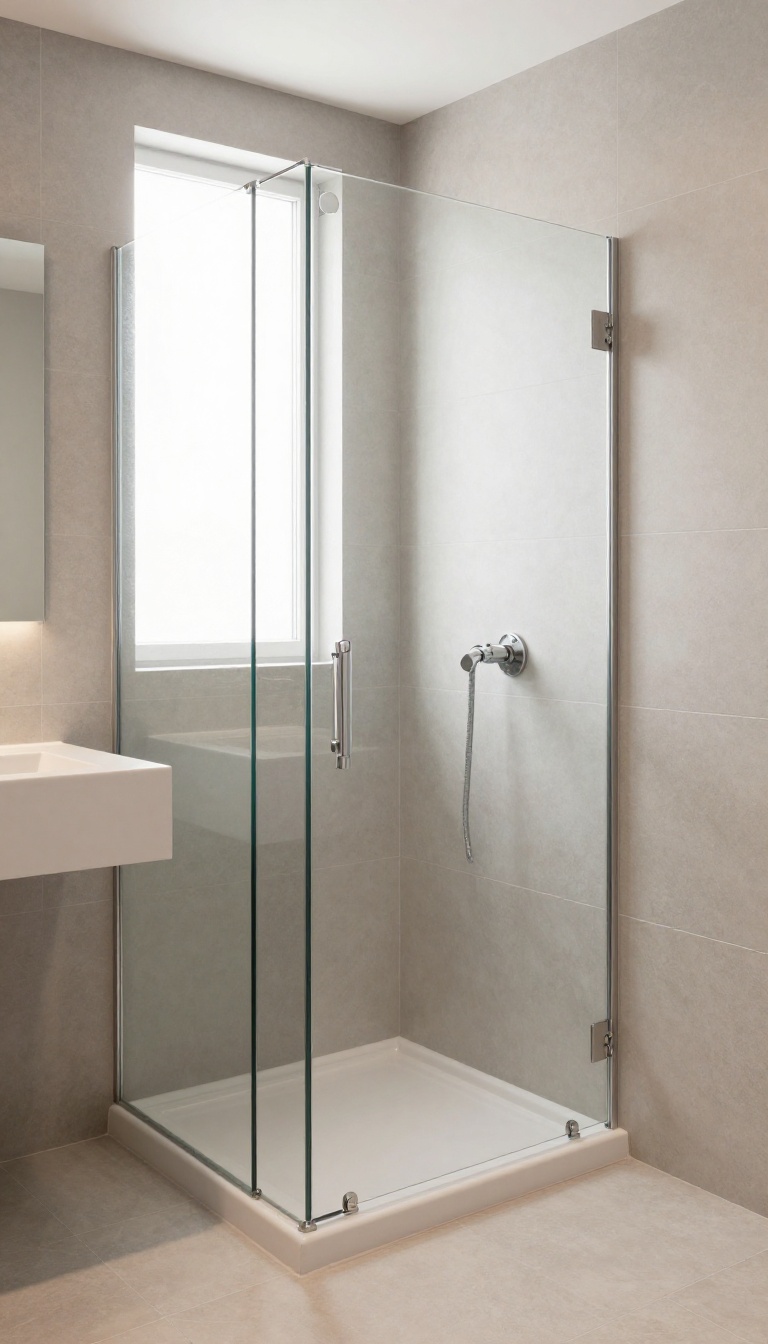 Small shower room with light colors and a large mirror to create an open, airy feel.