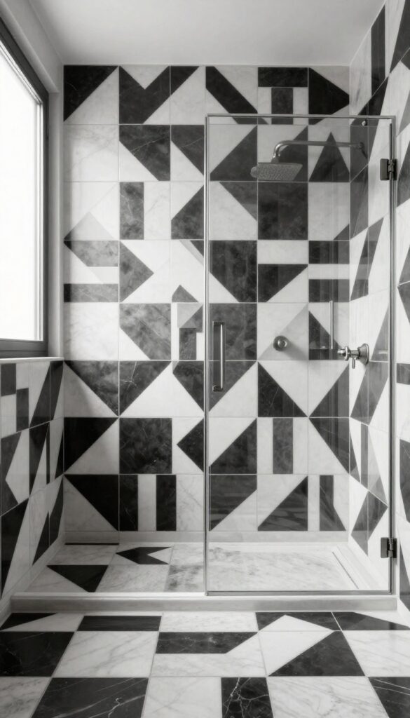 Modern bathroom shower surround with bold black and white geometric tiles