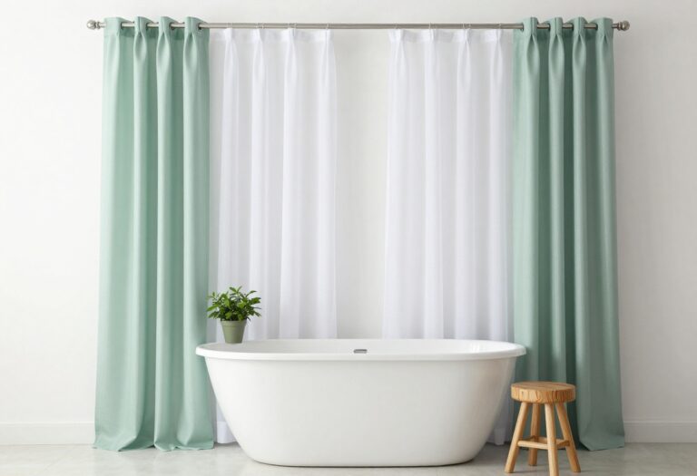 Modern bathroom with two shower curtains in sage green and sheer white