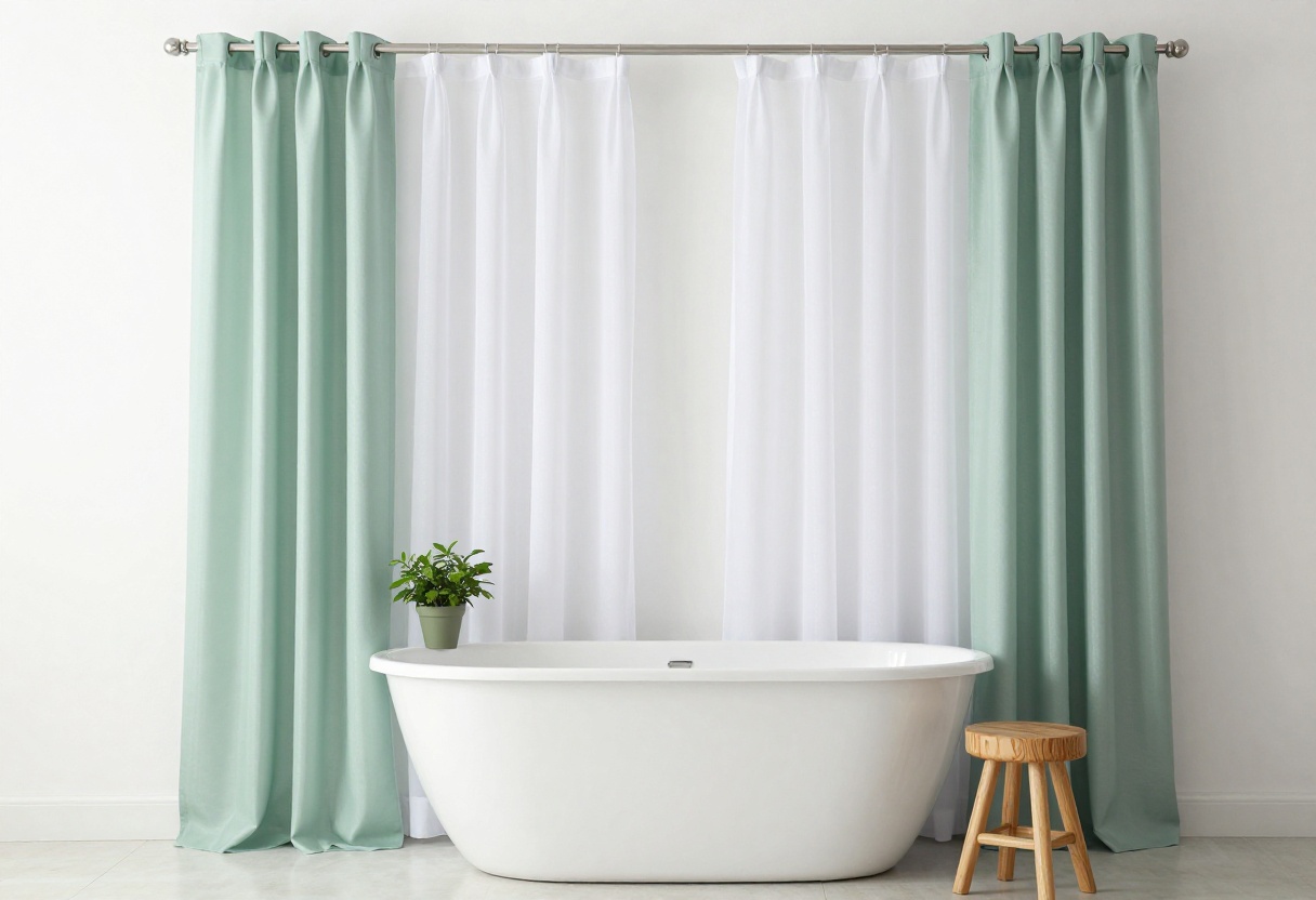 Modern bathroom with two shower curtains in sage green and sheer white