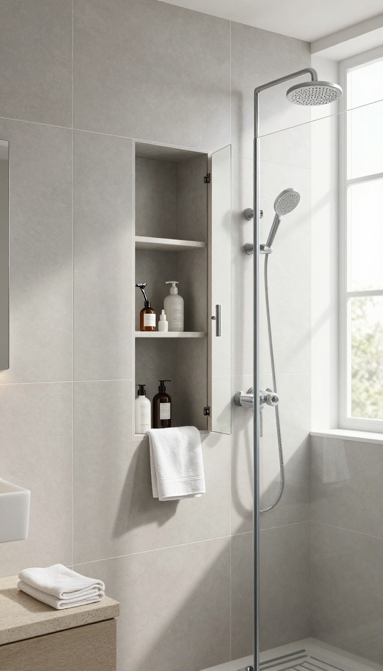 Minimalist shower niche with a hidden storage compartment behind a mirrored door, revealing neatly stored personal care items.