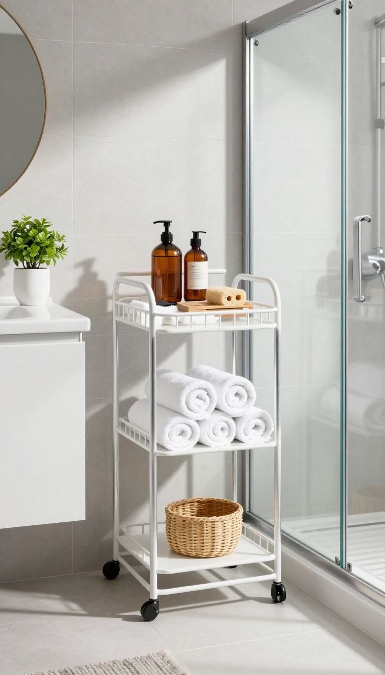 A slim white rolling cart with towels and toiletries next to a glass shower in a bright modern bathroom