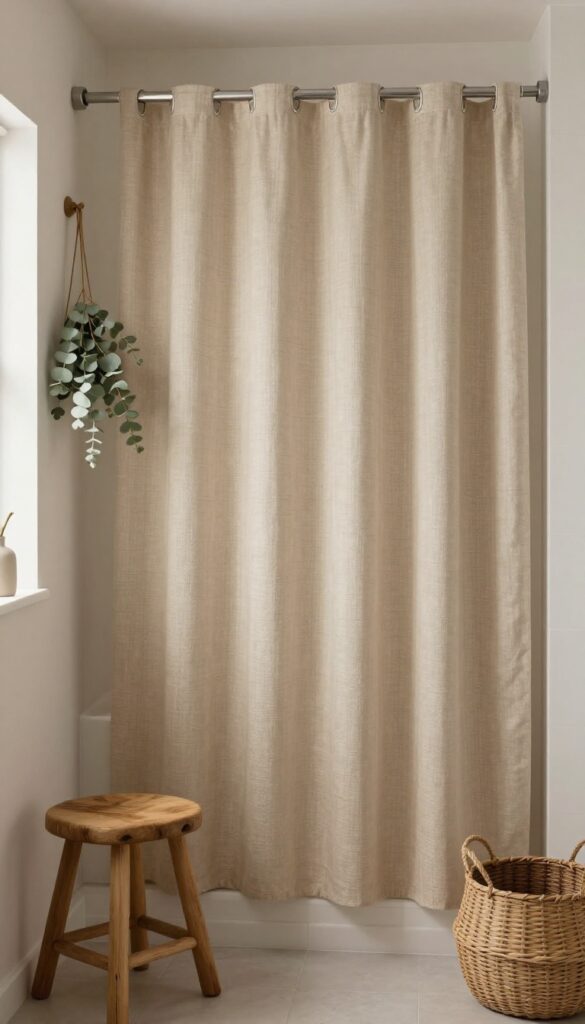 Rustic bathroom with beige shower curtain, wooden stool, woven baskets, and eucalyptus stems in warm natural light