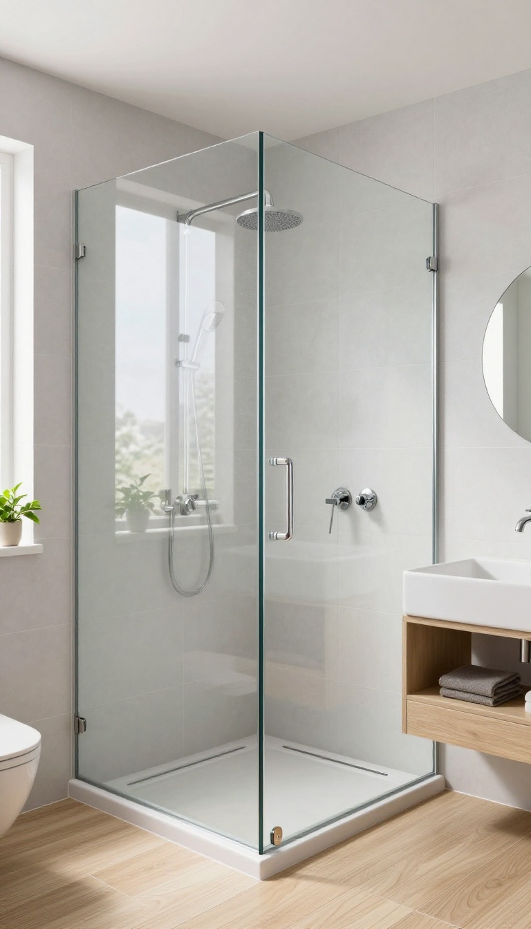 Modern bathroom with half wall shower and frameless glass panel, bright and airy design