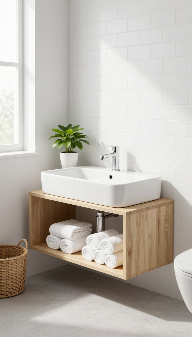 Small bathroom with floating vanity and wall-mounted toilet, showcasing open floor space and clean design.