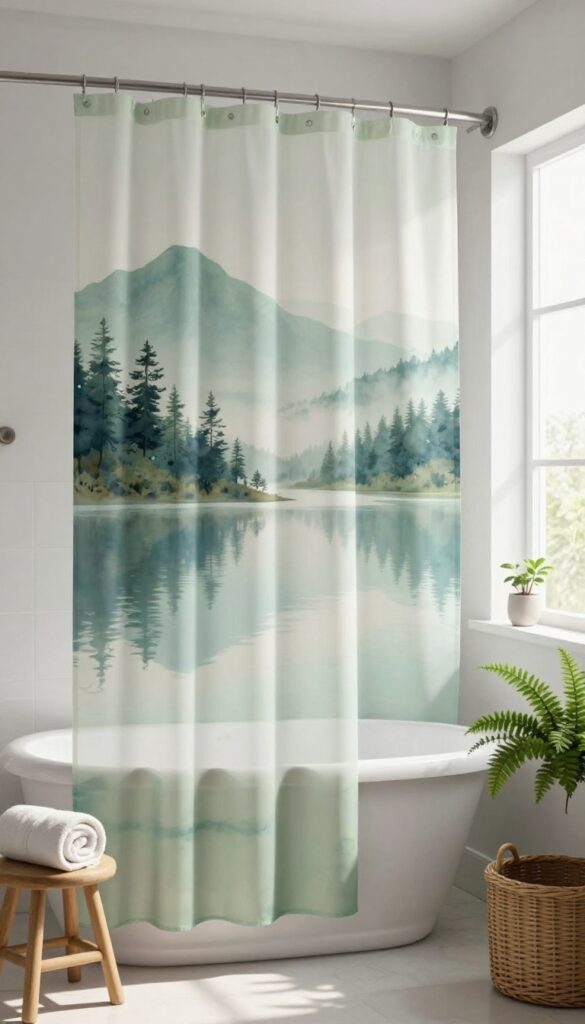 A serene bathroom with a watercolor landscape shower curtain, wooden accents, and natural light.