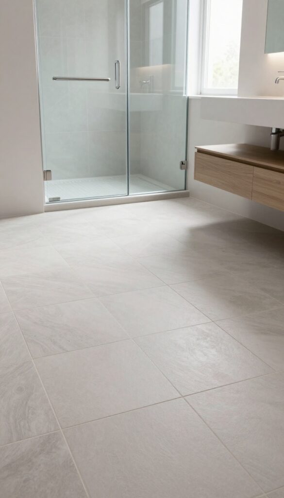 Modern bathroom with heated tile flooring and walk-in shower