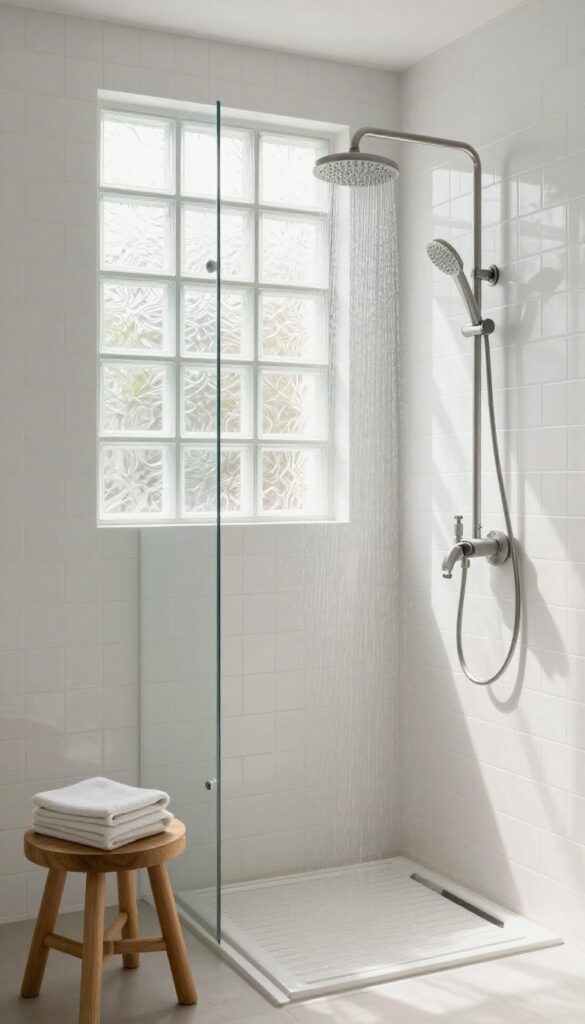 Modern shower with glass block window letting in diffused natural light