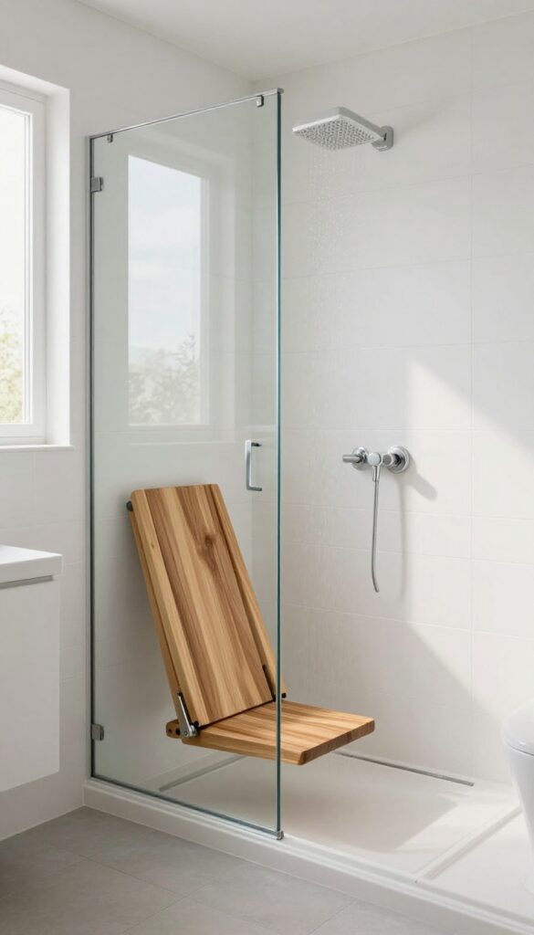 Wall-mounted teak shower seat folded up in a modern bathroom with white tiles and natural light