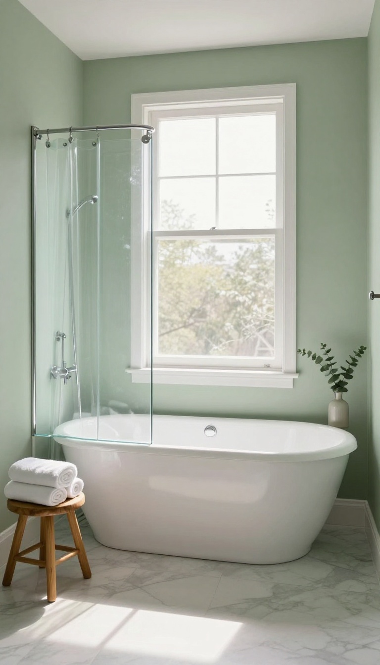 Clawfoot tub with a shower ring in a bright, airy bathroom