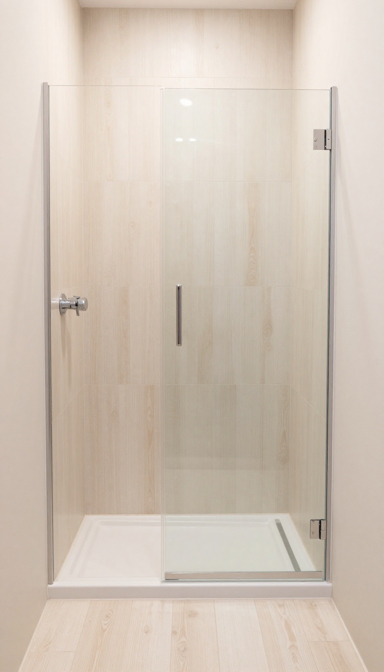 Small shower with light wood-look tiles reflecting light, creating a bright and airy spa-like feel.