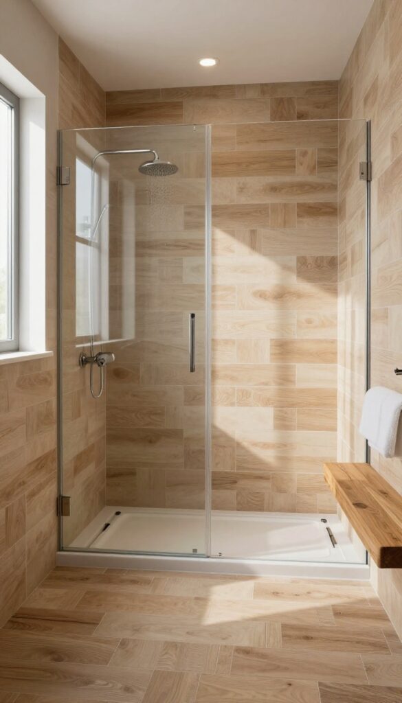 Modern bathroom shower with warm wood-look ceramic tile planks in a staggered pattern, featuring a glass enclosure, rainfall showerhead, and wooden bench.
